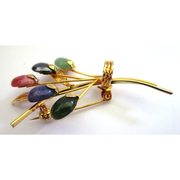 Vintage Gold Tone Flower Brooch Pin with Various Gemstone Flowers - Estate 1990s - Picture 3 of 7